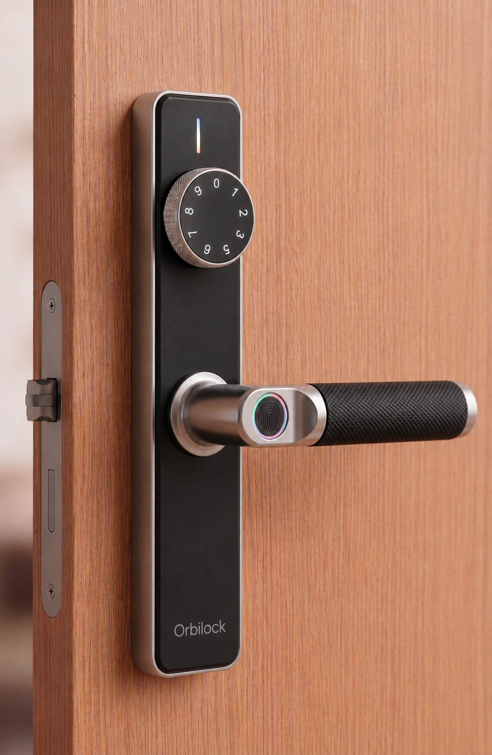 Orbilock smart lock installed on a wooden multipoint door