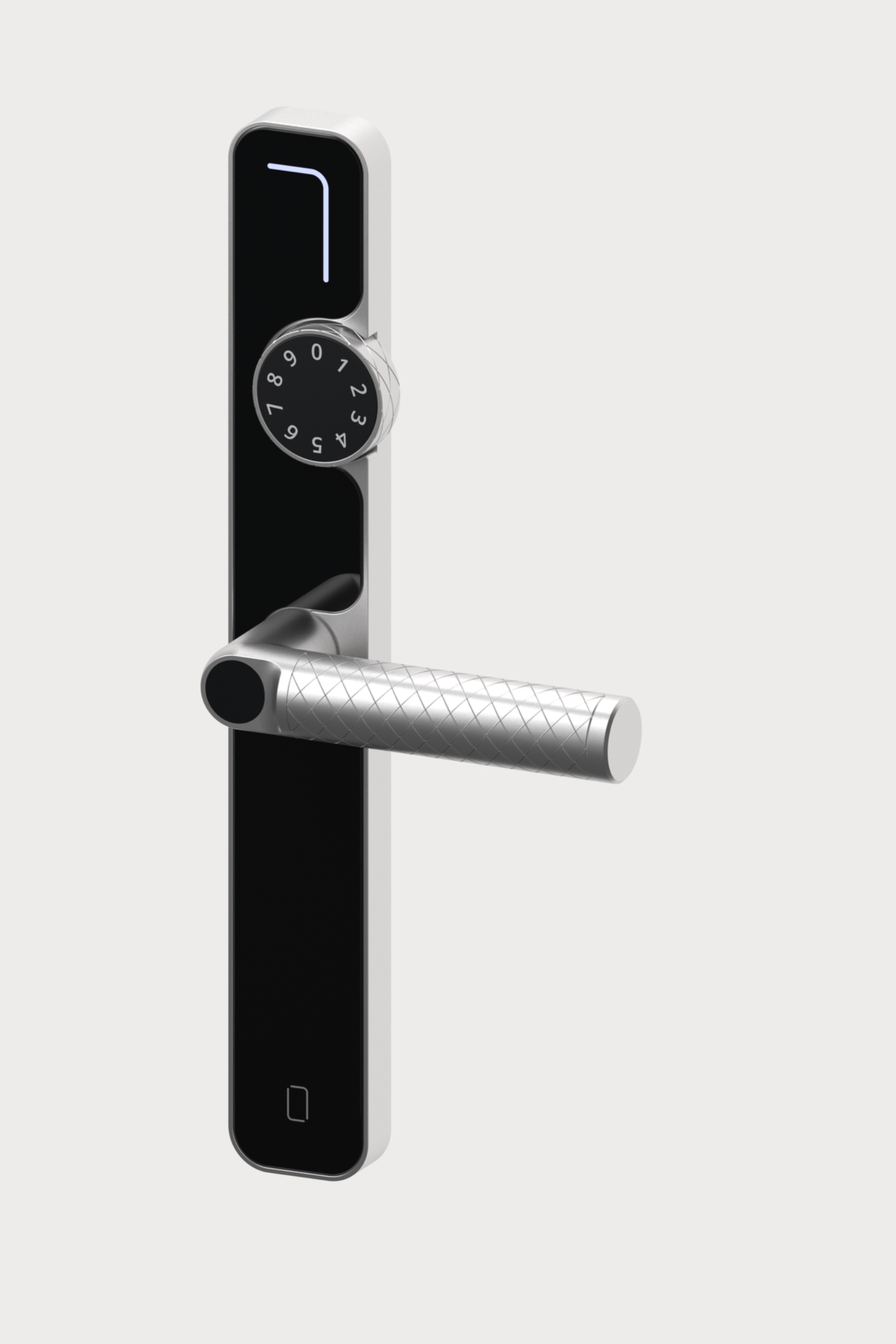 Orbilock from above and to the right, with a black faceplate, numbered dial and textured silver handle